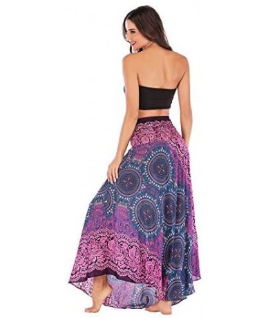 Racing Womens Boho Maxi Long Length Skirts Vintage Floral Print High Elastic Waist Pleated Long Maxi Skirt Dress Hot Pink - C...