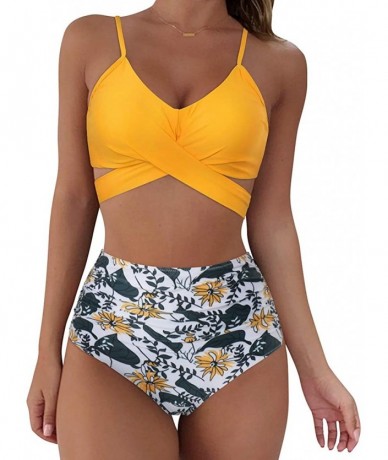 Sets Women Wrap Bikini Set Push Up High Waisted 2 Piece Swimsuits - 87 Yellow Floral - CP193QMQQDR $50.19