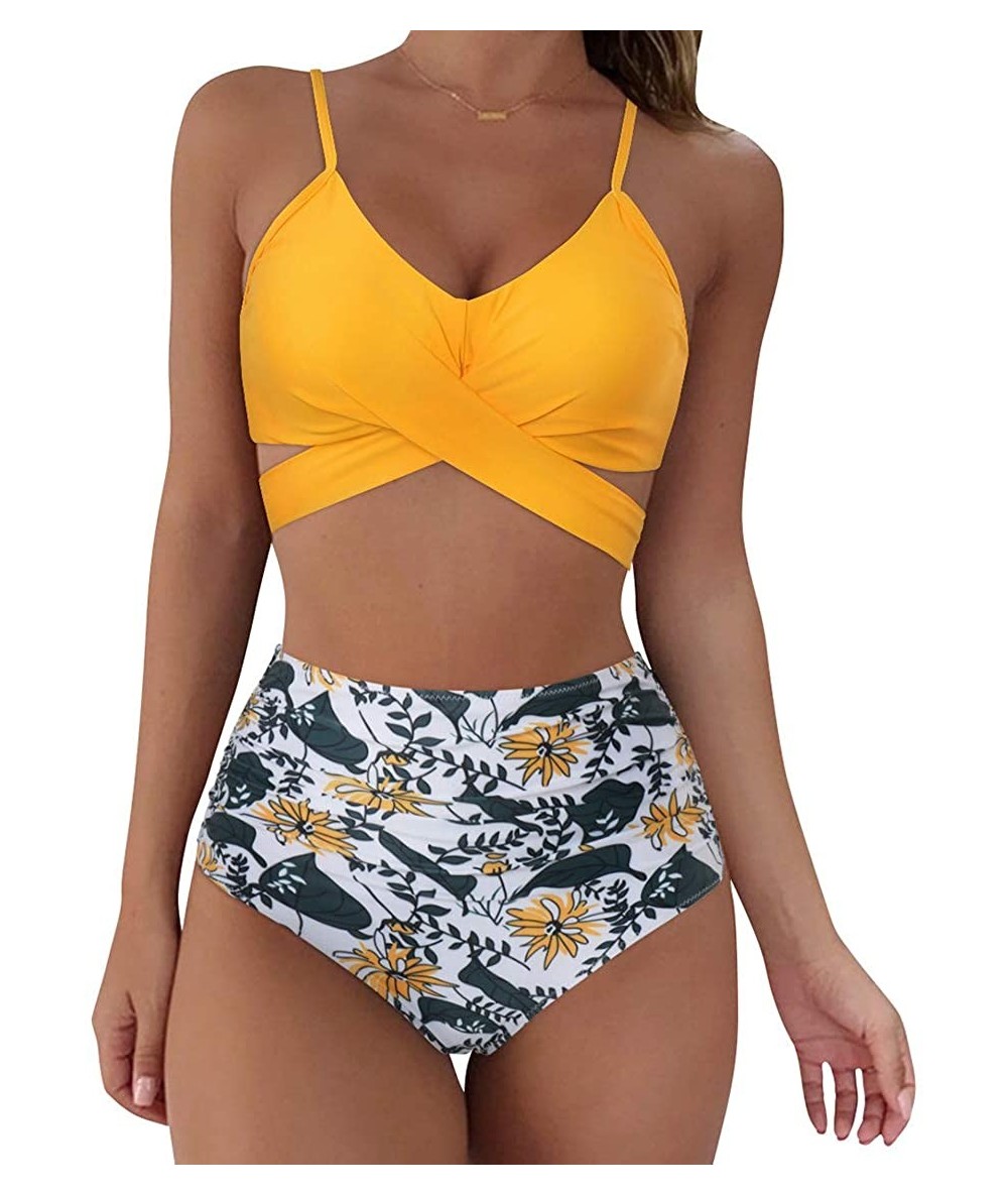 Sets Women Wrap Bikini Set Push Up High Waisted 2 Piece Swimsuits - 87 Yellow Floral - CP193QMQQDR $50.19