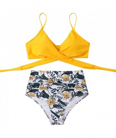 Sets Women Wrap Bikini Set Push Up High Waisted 2 Piece Swimsuits - 87 Yellow Floral - CP193QMQQDR $50.19