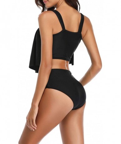 Tankinis Women Flounce Ruffle Top Ruched High Waist Shorts Tankini Set Swimsuit - Black - C118Q0R7H7Z $21.67