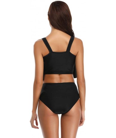 Tankinis Women Flounce Ruffle Top Ruched High Waist Shorts Tankini Set Swimsuit - Black - C118Q0R7H7Z $21.67