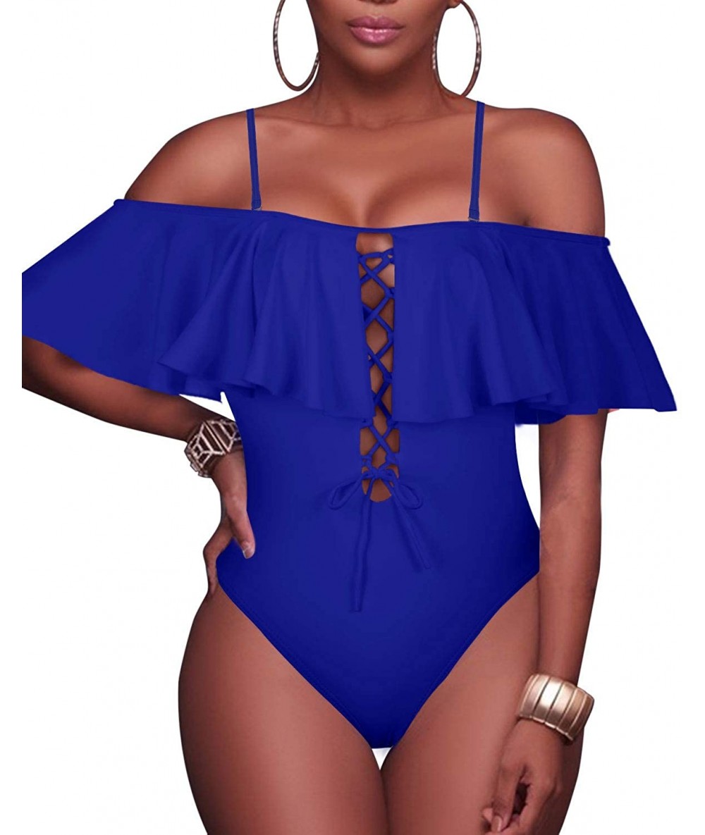 One-Pieces Women's Sexy One Piece Lace Up Ruffled Off Shoulder Flounce Swimsuits - B-royalblue - C7188OC7543 $36.37