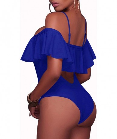 One-Pieces Women's Sexy One Piece Lace Up Ruffled Off Shoulder Flounce Swimsuits - B-royalblue - C7188OC7543 $36.37