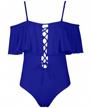 One-Pieces Women's Sexy One Piece Lace Up Ruffled Off Shoulder Flounce Swimsuits - B-royalblue - C7188OC7543 $36.37