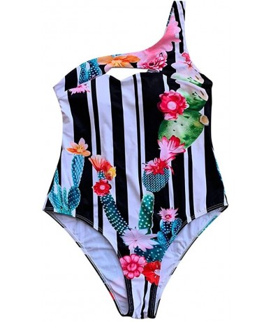 One-Pieces Women One-Piece Swimsuit Plant Printing Stripe One Shoulder Monokini Hollow Swimwear - Black - CJ18SHNUKZL $28.62