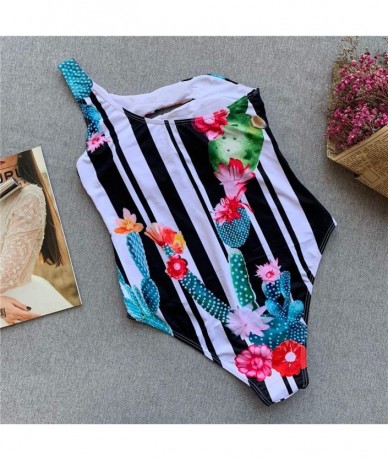 One-Pieces Women One-Piece Swimsuit Plant Printing Stripe One Shoulder Monokini Hollow Swimwear - Black - CJ18SHNUKZL $28.62