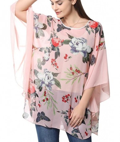 Cover-Ups Women's Chiffon Blouse Top Floral Printed Batwing Sleeve Caftan Poncho Tunic Beach Coverup - 319 - CH18ERTN6LA $27.62