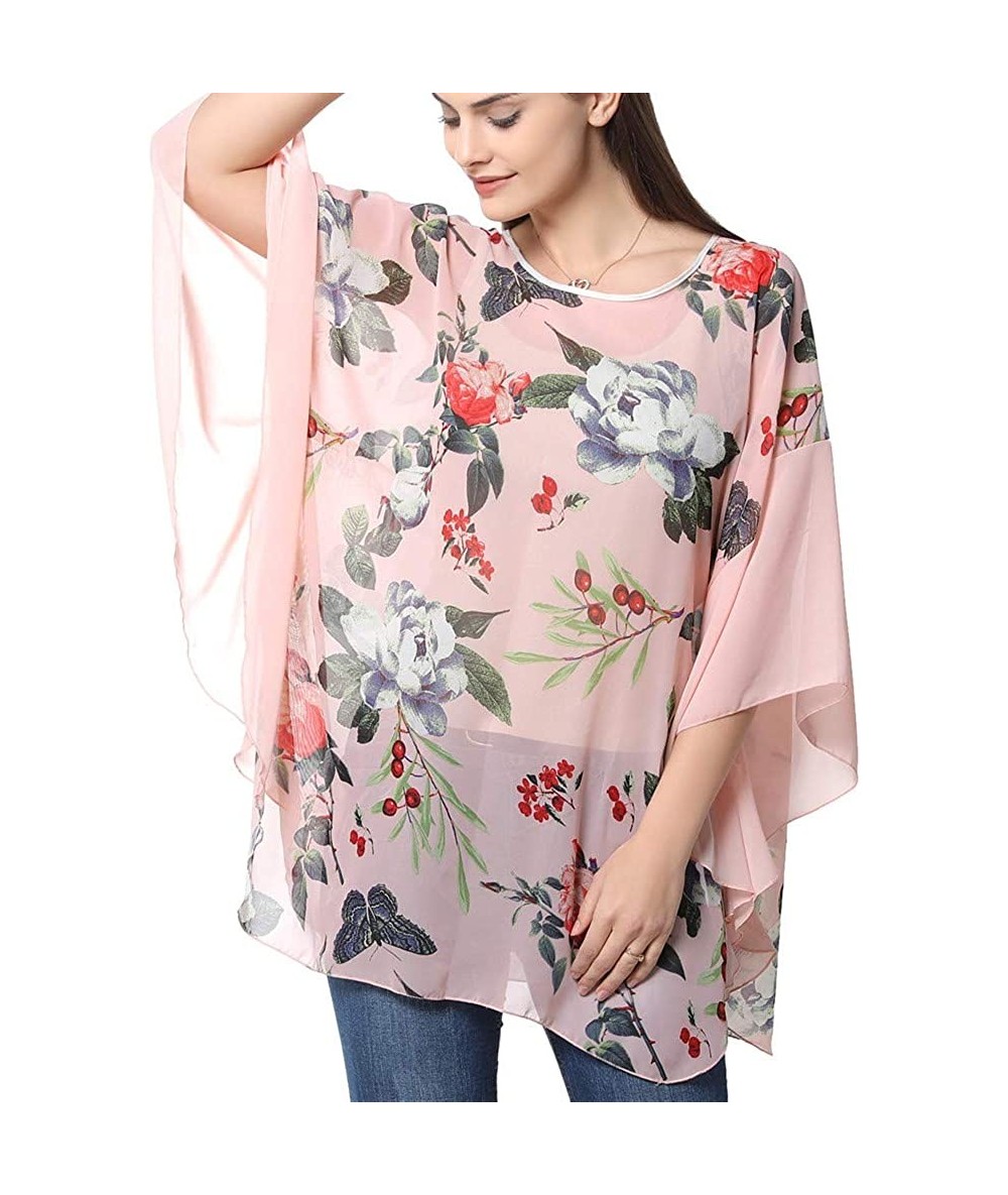 Cover-Ups Women's Chiffon Blouse Top Floral Printed Batwing Sleeve Caftan Poncho Tunic Beach Coverup - 319 - CH18ERTN6LA $27.62