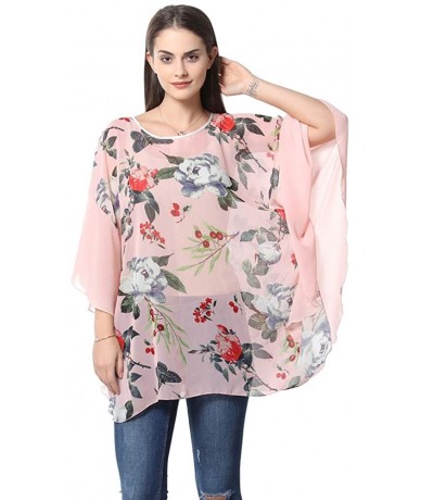 Cover-Ups Women's Chiffon Blouse Top Floral Printed Batwing Sleeve Caftan Poncho Tunic Beach Coverup - 319 - CH18ERTN6LA $27.62