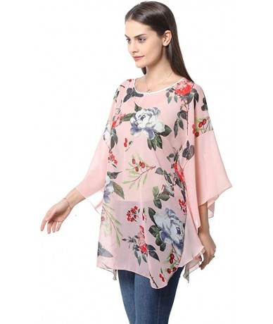 Cover-Ups Women's Chiffon Blouse Top Floral Printed Batwing Sleeve Caftan Poncho Tunic Beach Coverup - 319 - CH18ERTN6LA $27.62