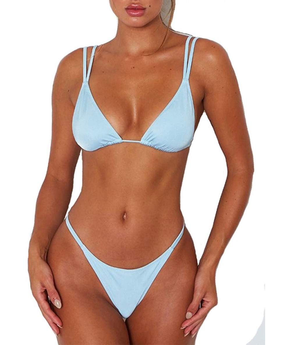 Sets Women's Sexy Thong Bottom Two Piece Bikini Double Shoulder Straps Cute Swimsuit Triangle Bathing Suit - Turquoise - CB18...