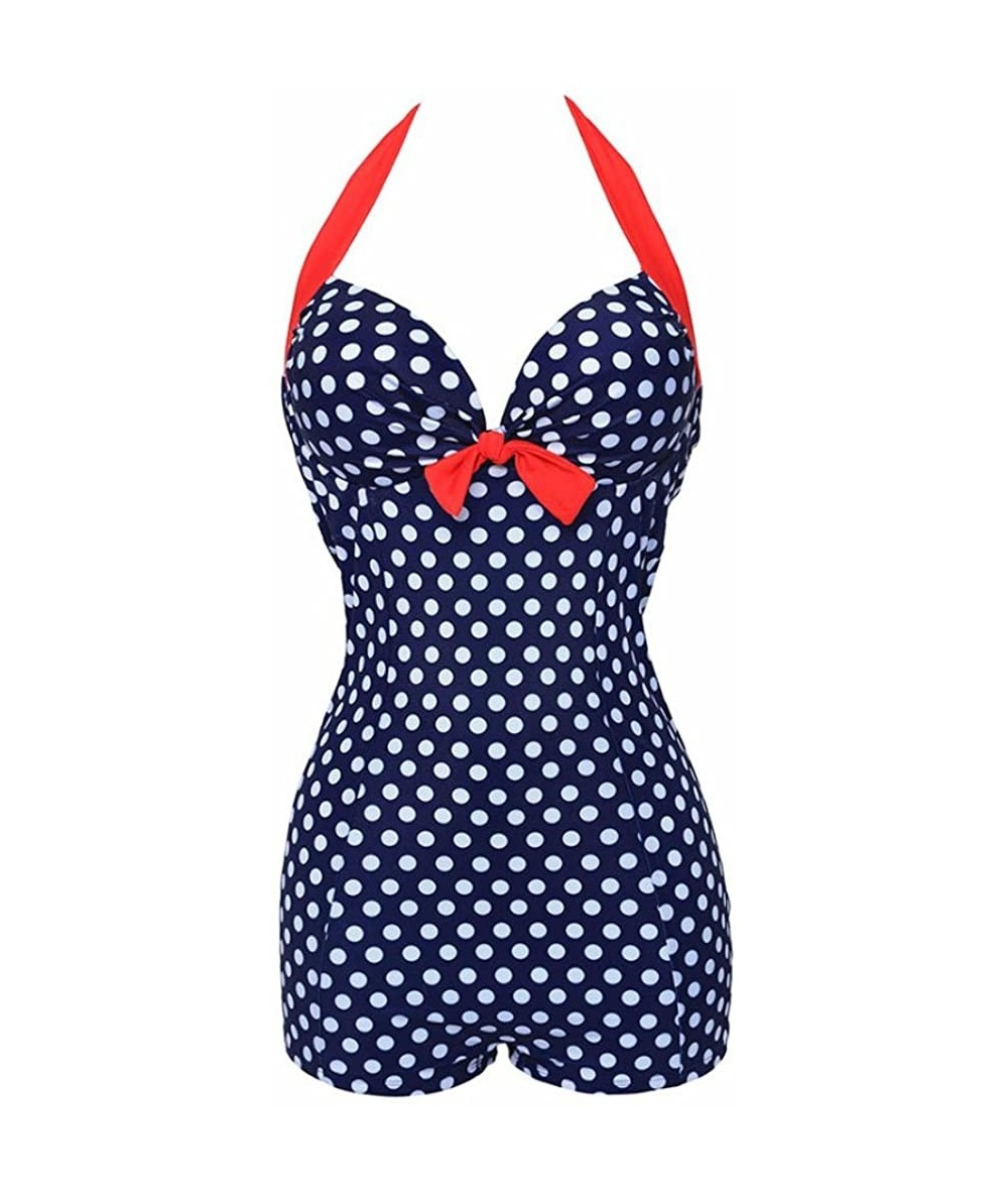 One-Pieces One Pieces Solid Floral Lace Up Pin Up Sexy Women Front Strappy Cross Swimwear - Smt01 Navy Blue Polka Dot - CN18E...