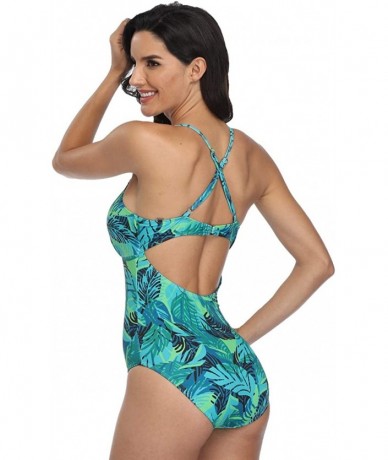 One-Pieces Women's Vintage Lace One Piece Swimsuits Halter Deep V Neck Sexy Swimwear Bathing Suit - Green Flower - CI194KW7R3...