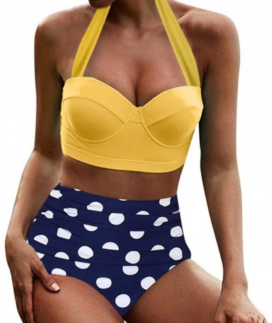 Bottoms Women's High Waist Bikini Swimwear Women's Vintage Print Beachwear Bikini Set Swimwear - C3-yellow - CX196LZUM3E $24.55