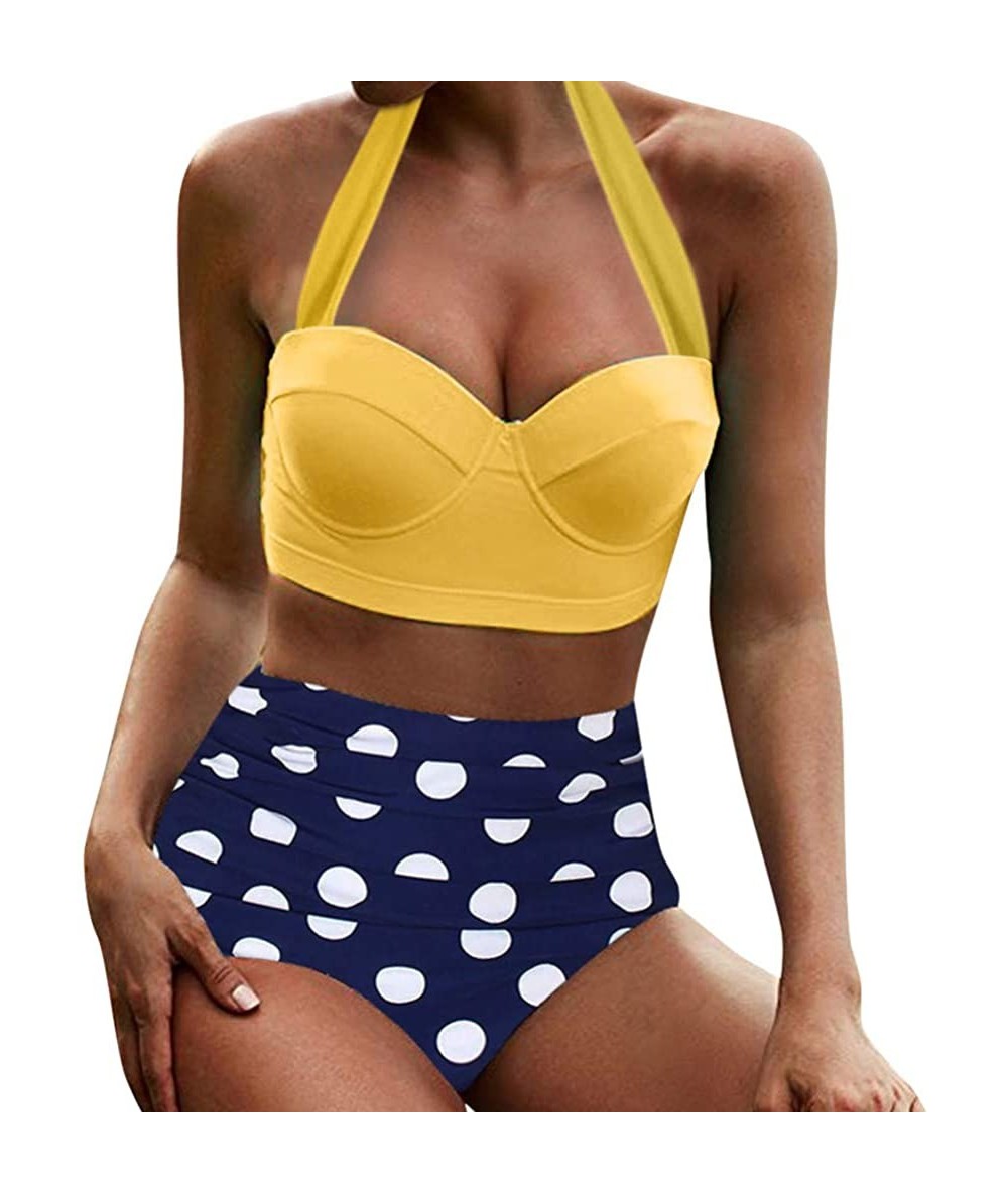 Bottoms Women's High Waist Bikini Swimwear Women's Vintage Print Beachwear Bikini Set Swimwear - C3-yellow - CX196LZUM3E $24.55