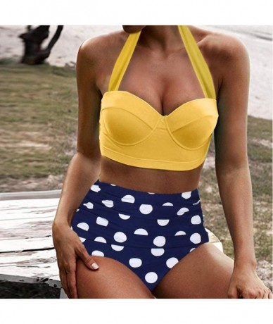 Bottoms Women's High Waist Bikini Swimwear Women's Vintage Print Beachwear Bikini Set Swimwear - C3-yellow - CX196LZUM3E $24.55