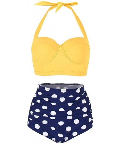 Bottoms Women's High Waist Bikini Swimwear Women's Vintage Print Beachwear Bikini Set Swimwear - C3-yellow - CX196LZUM3E $24.55