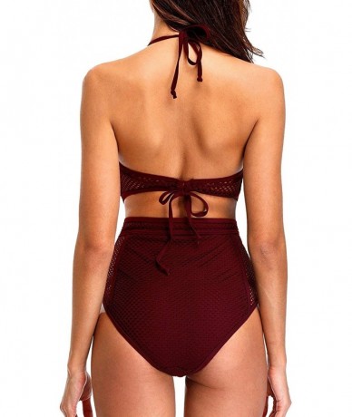 Racing Sociala Women's Mesh High Neck One Piece Swimsuit Ruched Tummy Control Swimwear - Wine Red(no Bra)1 - CG18QZ83HC3 $64.97