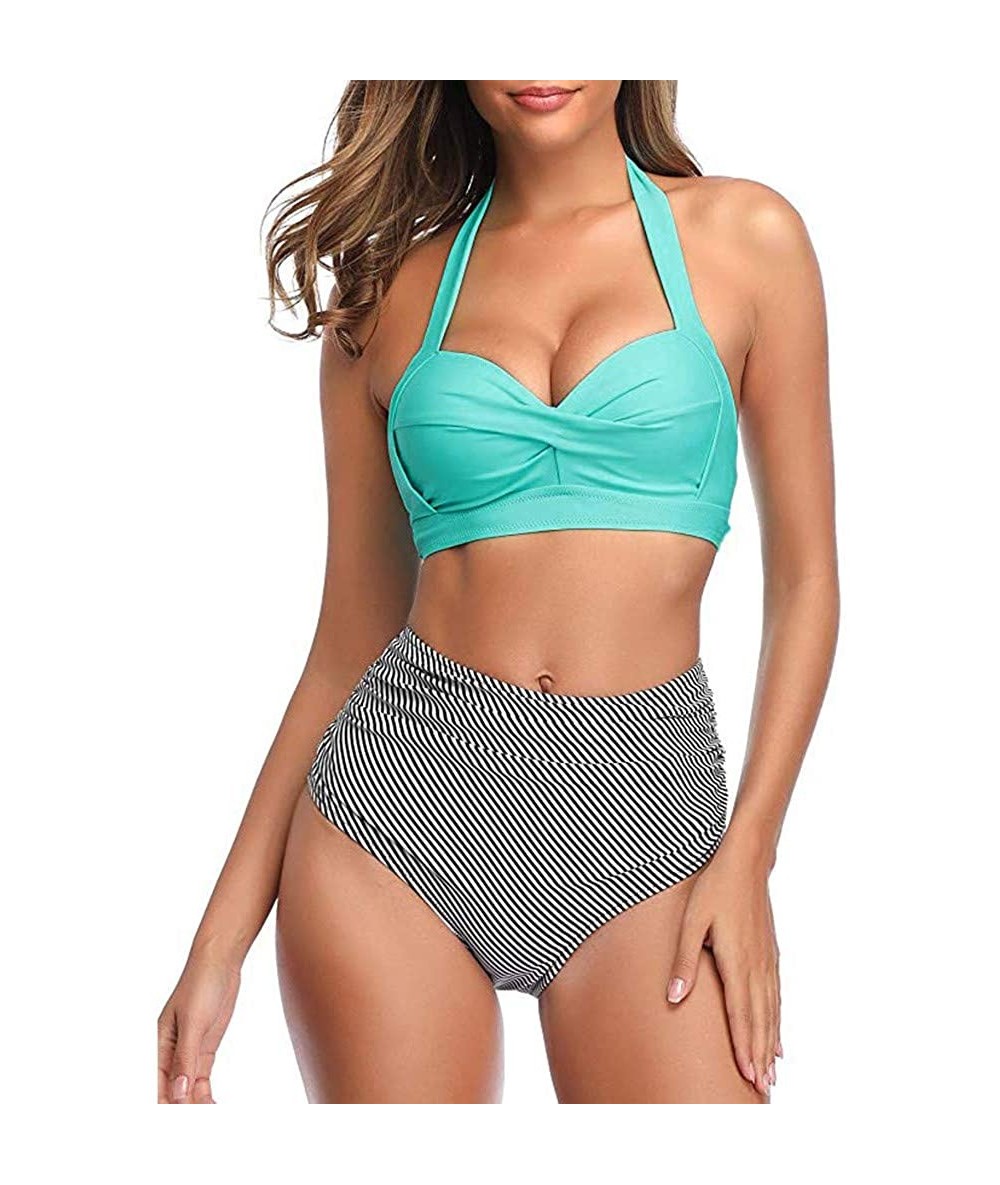 Sets Women Vintage Swimsuit Two Piece Retro Halter Ruched High Waist Print Bikini Set - Sky Blue - C6193G80YYK $30.44