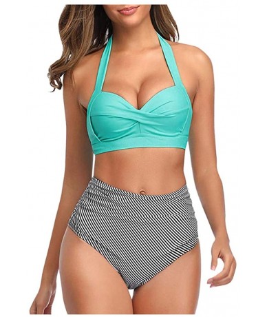 Sets Women Vintage Swimsuit Two Piece Retro Halter Ruched High Waist Print Bikini Set - Sky Blue - C6193G80YYK $30.44