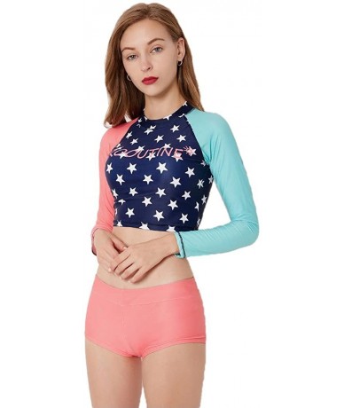 Rash Guards Women's Two Piece Half Body Long Sleeve Rash Guard Wetsuit Swimsuit UV Sun Protection - Red Blue Star - CQ18GNAOH...