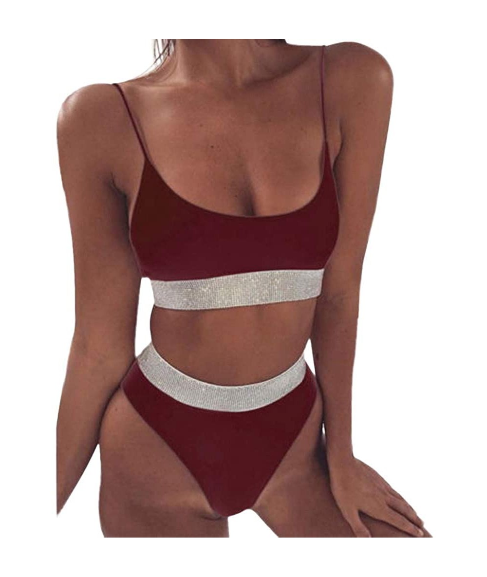 Bottoms Women One Piece Swimsuit High Neck Plunge Mesh Ruched Monokini Swimwear - E-winered - CW194EAKUX8 $28.72