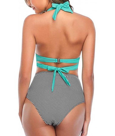 Sets Women Vintage Swimsuit Two Piece Retro Halter Ruched High Waist Print Bikini Set - Sky Blue - C6193G80YYK $30.44