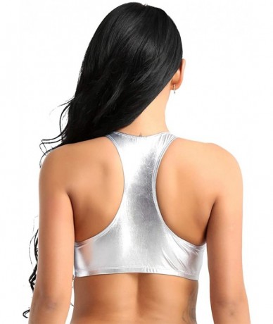 Tops Women's Shiny Metallic Keyhole Cutout Crop Tops Racerback Festival Rave Tube Top Bra - Silver - C118NIWU99U $25.03