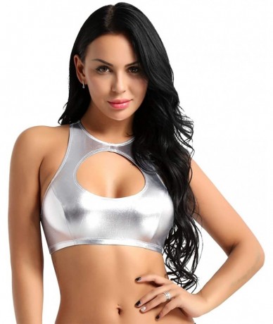 Tops Women's Shiny Metallic Keyhole Cutout Crop Tops Racerback Festival Rave Tube Top Bra - Silver - C118NIWU99U $25.03