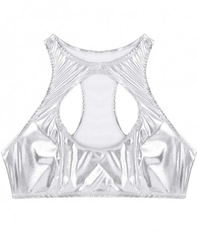 Tops Women's Shiny Metallic Keyhole Cutout Crop Tops Racerback Festival Rave Tube Top Bra - Silver - C118NIWU99U $25.03