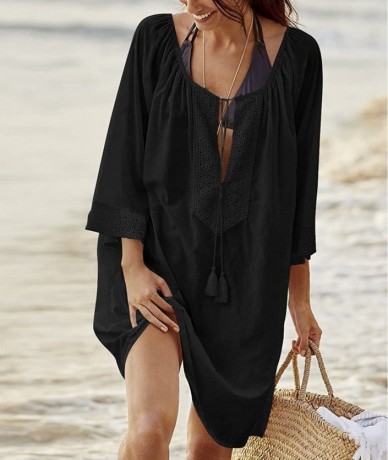 Cover-Ups Women's Oversized Swimsuit Cover up Solid Bikini Swimwear Beach Dress - Black - CR180QGW7NO $41.21