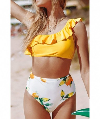 Sets Women's One Shoulder High Waisted Bikini Sets Yellow Ruffel Top Lemon Print Bottom 2 Pieces Swimsuit Multicolored - C219...