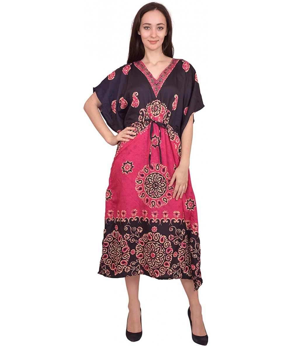 Cover-Ups Women Beach Caftan Kaftan Lounge Wear Hippy Boho Maxi Kimono Sleeve Long Dress - Pink-1 - C319E7TC4HC $28.59