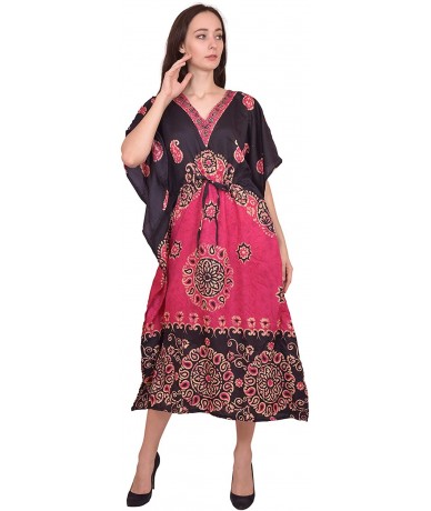 Cover-Ups Women Beach Caftan Kaftan Lounge Wear Hippy Boho Maxi Kimono Sleeve Long Dress - Pink-1 - C319E7TC4HC $28.59