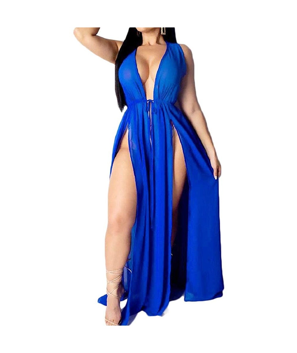 Cover-Ups Women's Sexy Lingerie Sleepwear Night Gown Mesh See Through Slit Maxi Dress Bikini Cover Up - Blue - CW18RRZWOUM $3...