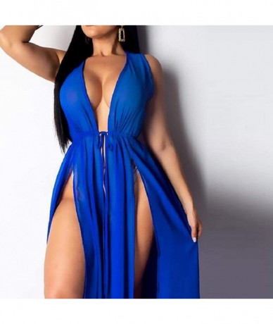 Cover-Ups Women's Sexy Lingerie Sleepwear Night Gown Mesh See Through Slit Maxi Dress Bikini Cover Up - Blue - CW18RRZWOUM $3...