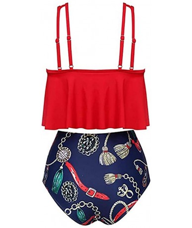 Sets Women Two Pieces Bathing Suits Top Ruffled with High Waisted Bottom Bikini Set - Red-2 - C318RI0O8ZO $33.45