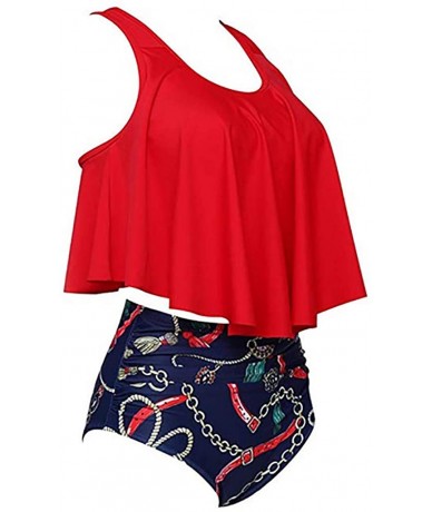 Sets Women Two Pieces Bathing Suits Top Ruffled with High Waisted Bottom Bikini Set - Red-2 - C318RI0O8ZO $33.45