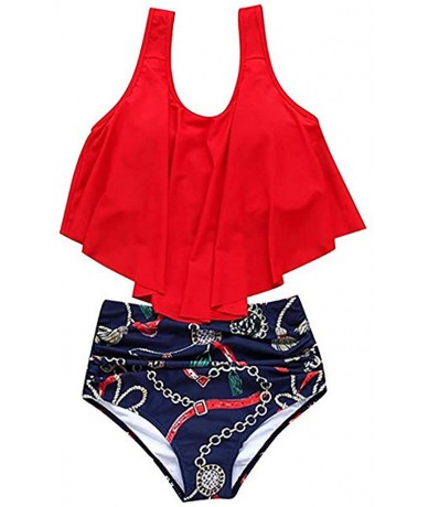 Sets Women Two Pieces Bathing Suits Top Ruffled with High Waisted Bottom Bikini Set - Red-2 - C318RI0O8ZO $33.45