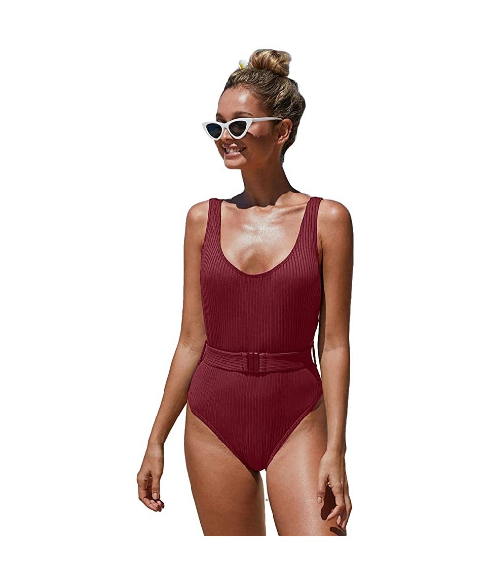 One-Pieces One-Piece Swimsuit Women Suspenders Belt Detachable Openback Knitted Thread Jacquard Swimsuit Female - Wine Red - ...