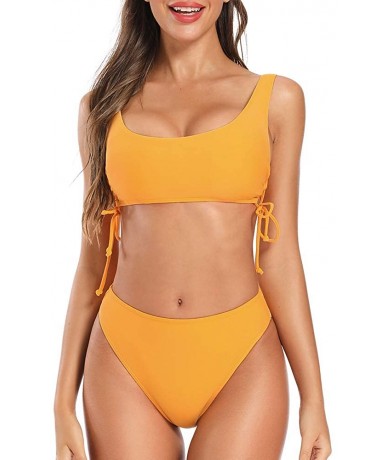 Sets Women's High Waisted Bikini Sets Scoop Neck High Cut Two Pieces Swimwear Bathing Suit - Mango - CA18SD09CUU $31.05