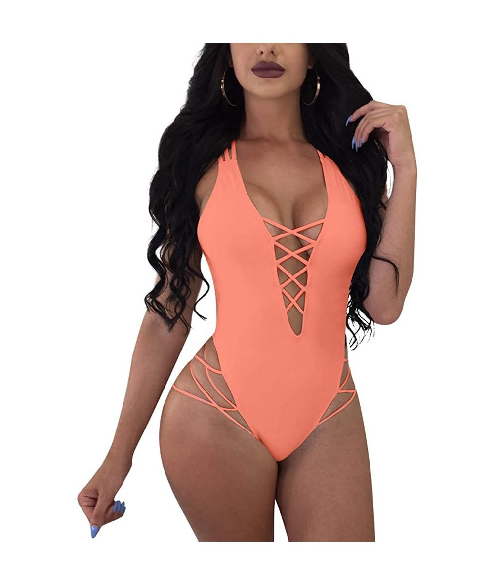 One-Pieces Womens Sexy One Piece Lace Up Straps Swimsuit Bathing Suit Swimwear - Princess Pink - CS18TTC40OX $33.57