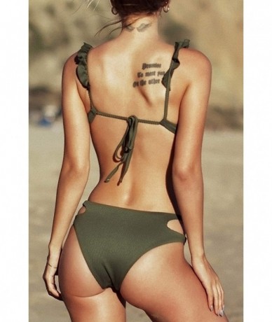 Sets Women's Olive Textured Ruffles Cutout Reversible Self Tie Bikini Sets - Olive - CB1925W90S9 $56.49