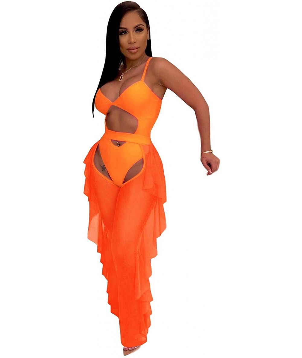 Cover-Ups Women Sexy Sheer Mesh 2 Piece Outfits Ruffle Long Pants Beach Swimsuit Bikini Cover up S XXL - Orange - CG18WETX2D7...