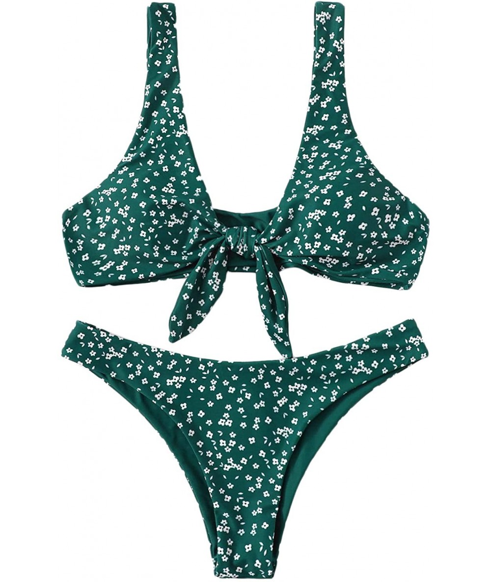 Sets Women's Sexy Bikini Swimsuit Tie Knot Front Leopard Print Swimwear Set - Zfloral-green - CT18QRCUL5Q $37.49