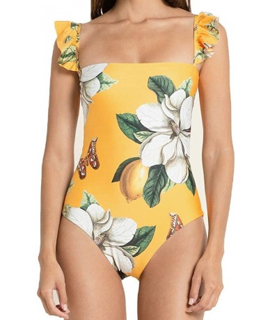 One-Pieces Women High Waist Sexy Square Collar Floral Print Backless Suit One Piece Swimwear Bathing Swimsuit - Yellow - C619...