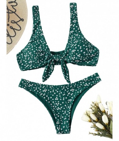 Sets Women's Sexy Bikini Swimsuit Tie Knot Front Leopard Print Swimwear Set - Zfloral-green - CT18QRCUL5Q $37.49