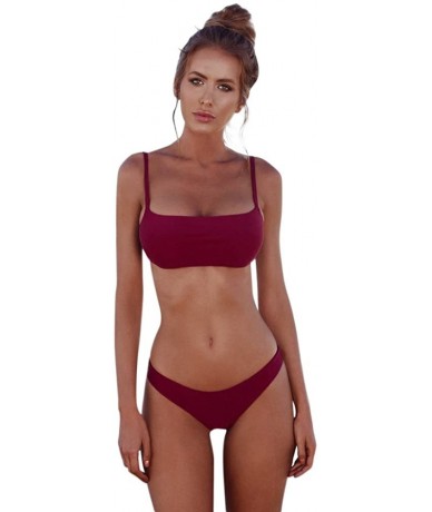 Sets Swimsuits for Women Solid Bikini Set Brazilian Swimwear Breathable Padded Bra Thong - Wine Red - CC190OCDLC7 $22.58