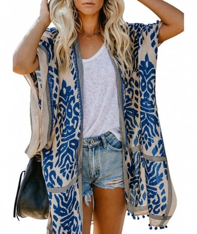 Cover-Ups Womens Fashion Boho Printed Kimono Beach Cover up Summer Open Front Loose Flowy Cardigan Top with Tassel Style 2 bl...